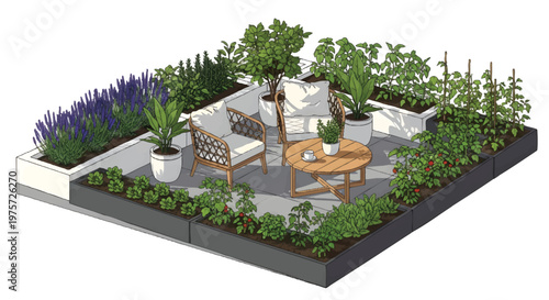 Roof garden with furniture and plants, urban oasis concept