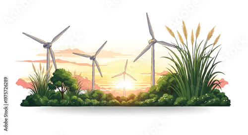 Wind turbines at sunset with lush greenery and vibrant flowers