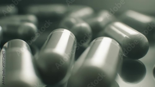 Clear pharmaceutical capsules filled with powder, reflecting on a glossy surface, symbolizing healthcare, medical treatment, and wellness solutions for disease prevention or management