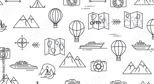 Hot air balloon mountain icons travel.