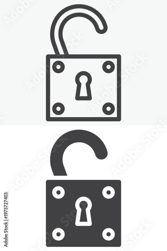 Unlock padlock icon with open shackle in line and solid style. Outline and solid icon, editable stroke vector sign symbol. Access lock icon for security.