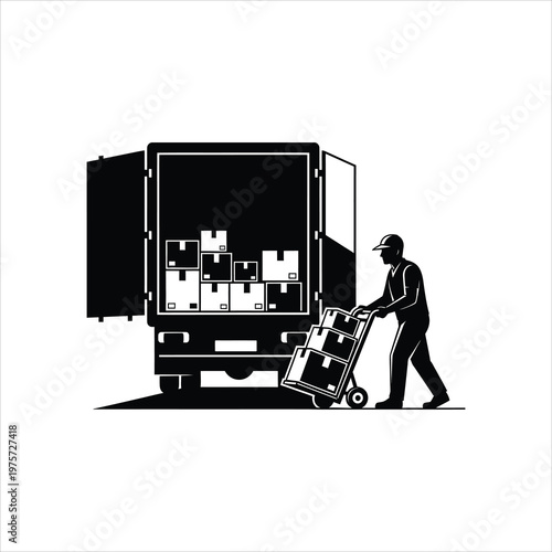 Logistics worker loading boxes onto a truck with a handcart during delivery operations Vector Illustration Isolated on white background