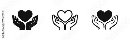 Hands Holding Heart Icons Set. Love, Care, Support and Charity Vector Symbols for Health and Compassion