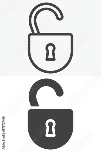 Open padlock icon with lifted shackle in line and solid style. Outline and solid icon, editable stroke vector sign symbol. Unlock lock icon for access.
