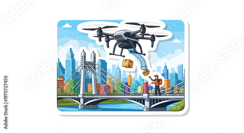 Drone delivering packages over city bridge with skyscrapers