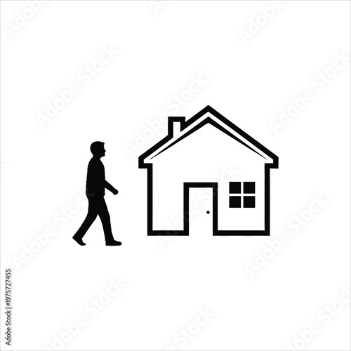 Man walking towards a house silhouette during daytime Vector Illustration Isolated on white background