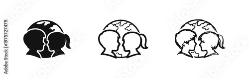 Global Children and Diversity Icons. World Youth Population and Unity Vector Set with Kids Heads and Globe