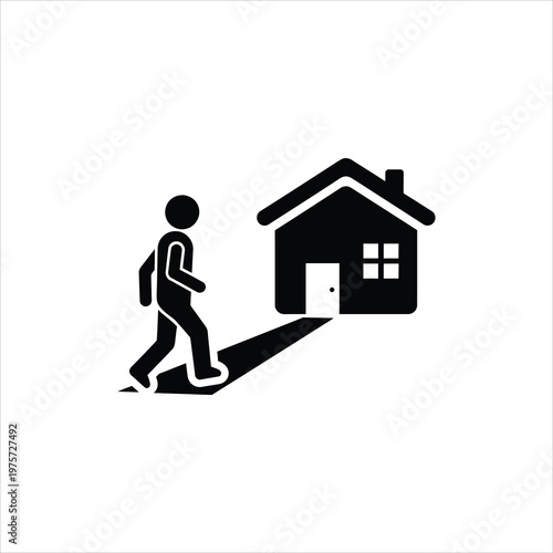 Person walking towards a house with a shadow in vector illustration isolated on white background