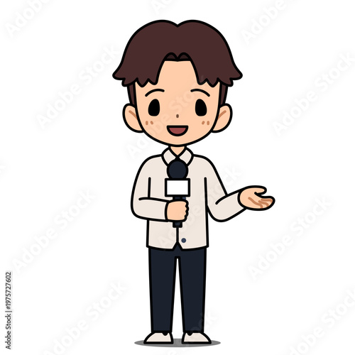 Cute cartoon news reporter holding microphone and gesturing. Professional male journalist character in chibi style. Vector illustration.