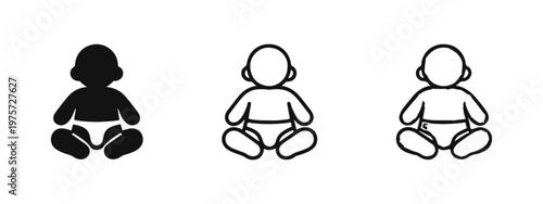 Sitting Baby with Diaper Icons. Infant Child Vector Set for Newborn Care, Innocence and Development