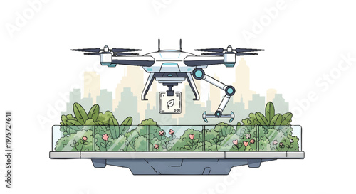 Drone delivering package on rooftop garden with cityscape background