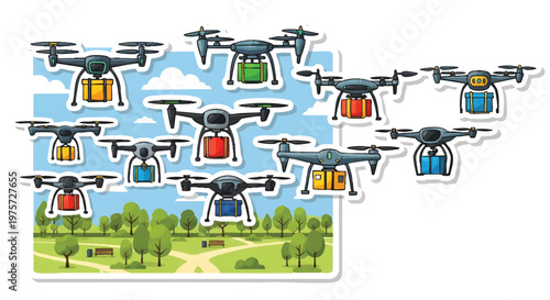 Multicolored drones flying over a park with trees and blue sky