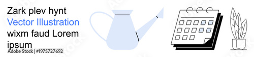 Gardening, time management, planning, home decor, indoor gardening, productivity. Features a watering can, calendar and potted plant. Gardening and time management concepts