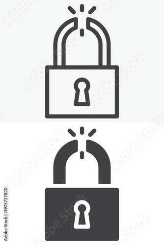 Broken padlock icon with open shackle in line and solid style. Outline and solid icon, editable stroke vector sign symbol. Unsecured lock icon.