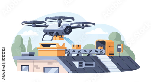 Drone delivering package on rooftop, modern logistics concept