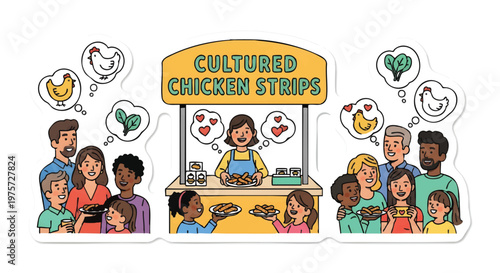 Cultured chicken strips food stand with happy diverse people
