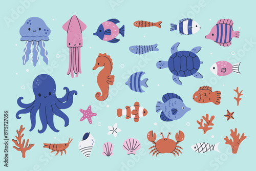 A set of stylized marine creatures. Vector graphics.