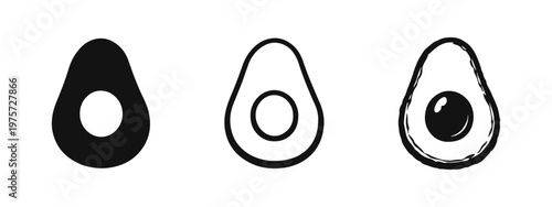 Avocado Fruit Icons Set. Healthy Food, Vegan and Organic Nutrition Vector Graphic with Cut Half and Pit