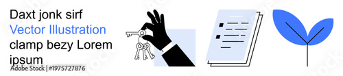 Security, agreements, eco initiatives, legal matters, document management, sustainability. A hand holding keys, a document and a leaf symbol. Security and agreements with modern design elements