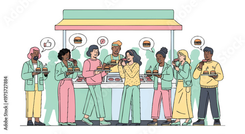 Diverse people enjoying food from a colorful street food cart