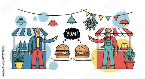 Flat illustration of two happy people at a burger food stand