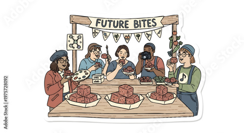 people eating food at a futuristic vegan market stall