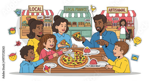 Diverse family enjoying pizza at outdoor market food stall