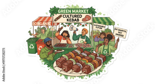 Vibrant green market scene with diverse people enjoying kebabs