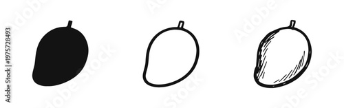 Mango fruit icon set. Whole ripe tropical mango in different styles. Sweet summer fruit vector illustration.