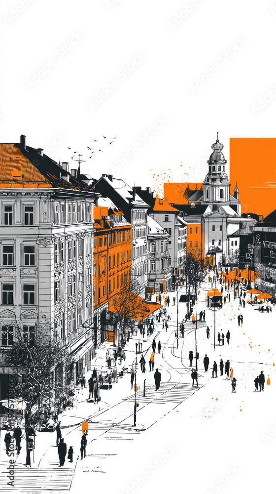Fototapeta premium Black and white line drawing of buildings in an orange, flat design, flat illustration style, poster composition of the cityscape