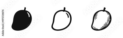 Ripe mango fruit icon set. Tropical sweet fruit in various styles. Healthy food vector illustration.