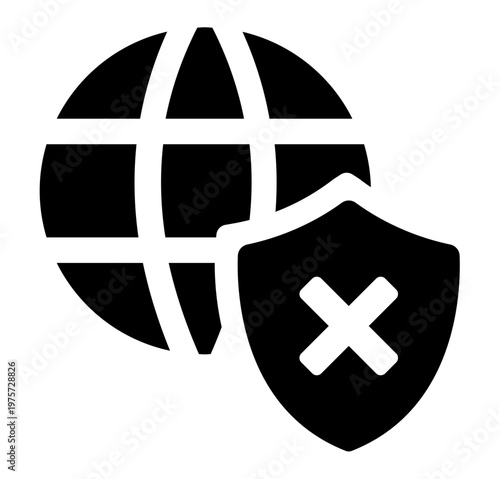 Global Security Alert Icon. Globe with Shield, Cross, Risk Warning Concept