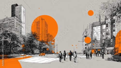 Black and white line drawing of buildings in an orange, flat design, flat illustration style, poster composition of the cityscape