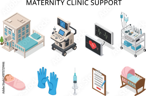 Maternity clinic support equipment and medical supplies for pregnant women and newborns