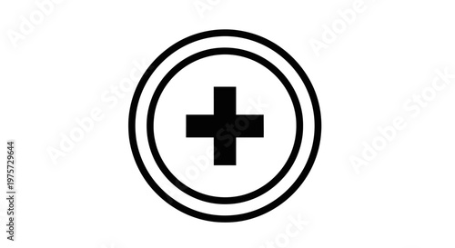 Black and white plus symbol within double circles on white background