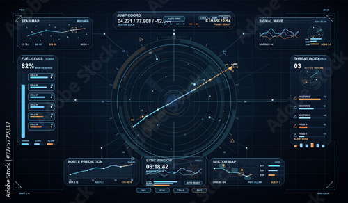 Futuristic spaceship navigation interface displaying star maps, fuel cell status, route prediction, threat index, and signal wave analysis on a dark digital screen.