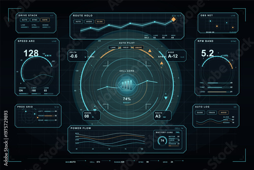 Futuristic digital dashboard interface with various data visualizations, gauges, and control panels in blue and orange tones, simulating advanced vehicle or spacecraft controls.