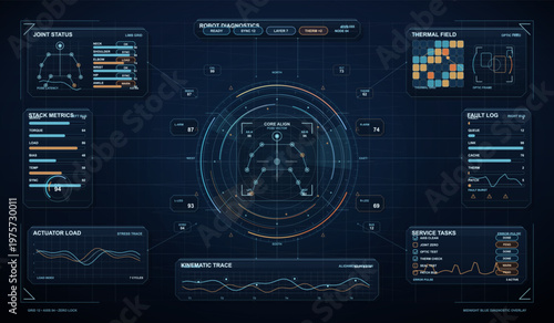 Futuristic robot diagnostics interface displaying joint status, thermal field, actuator load, kinematic trace, and various system metrics on a dark digital dashboard.