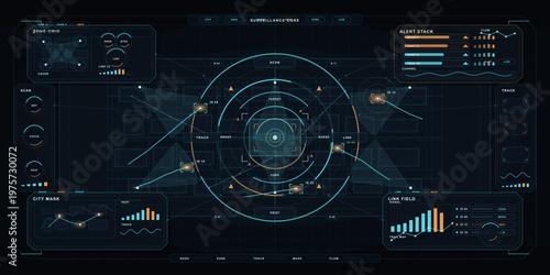 Futuristic digital dashboard interface with circular radar, data charts, tracking indicators, and various control panels in a high-tech blue and orange color scheme.