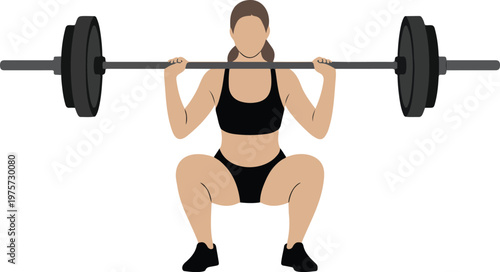 Minimalist fitness illustration of woman performing barbell squat with weights strength training vector design