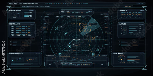Futuristic radar interface with digital tracking, data charts, and control panels displaying airspace grid, altitude, channels, and intercept plots on a dark background.