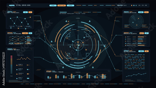 Futuristic digital dashboard interface with circular radar, network topology, data graphs, breach alerts, and glowing blue and orange elements on a dark background.