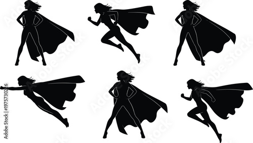 Superhero woman silhouette set, flying running poses with cape black vector collection isolated on white background, power illustration design