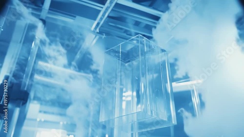 Clear transparent precision component suspended in icy mist, highlighting advanced materials, industrial 3d manufacturing and futuristic laboratory production with cool blue glow