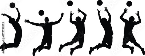 Volleyball player silhouette set, jumping spike serve poses black vector collection isolated on white background, sport action illustration design