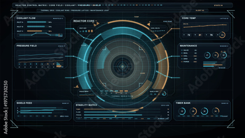Futuristic digital dashboard interface displaying reactor core status, coolant flow, pressure fields, shield feed, core temperature, maintenance, and system stability metrics.