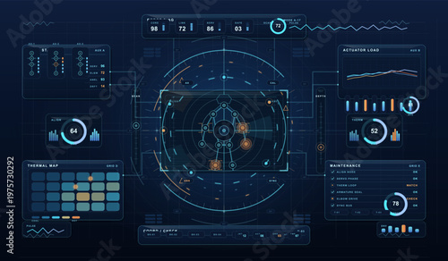 Futuristic digital dashboard interface with circular diagrams, data charts, thermal maps, and various control panels on a dark blue background.