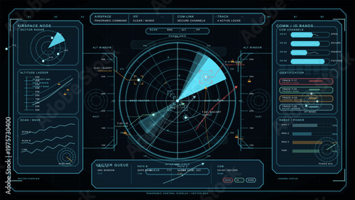 A radar system used for tracking air traffic. It includes various panels for altitude data, airspace information, and communication channels. The layout helps manage flight safety.
