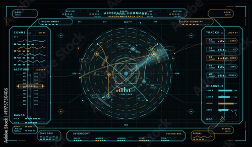 Data display shows an airspace command interface with radar tracks and various readings. This setup is used for monitoring and managing air traffic. It includes numerous technical metrics.