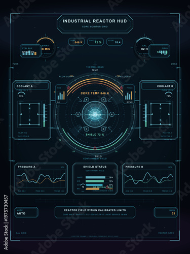 Futuristic industrial reactor HUD interface displaying core temperature, shield status, coolant levels, pressure graphs, and system diagnostics in a sci-fi style layout.